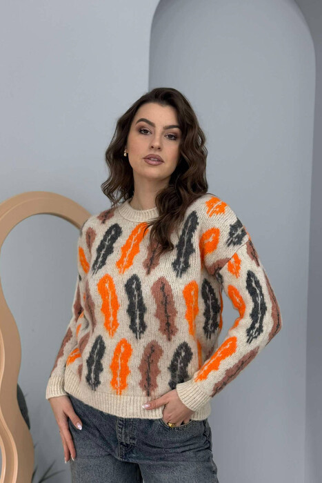 KNITTED ROUND NECK WOMEN SWEATER CREAM/KREM - 1