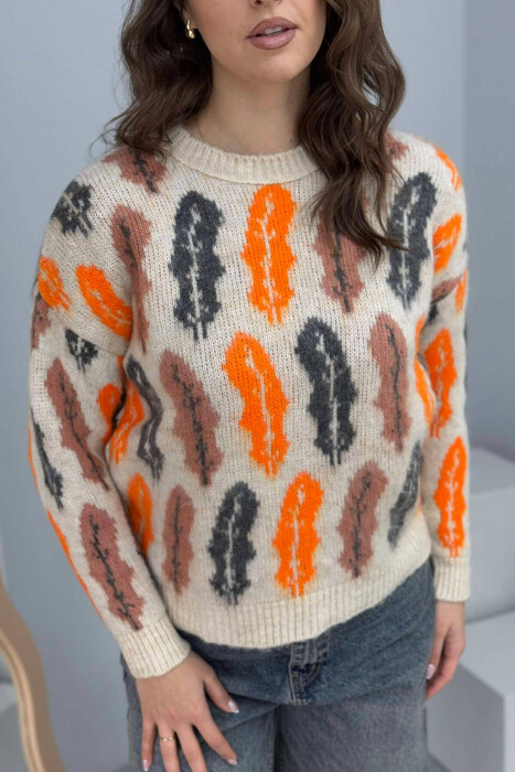 KNITTED ROUND NECK WOMEN SWEATER CREAM/KREM - 4