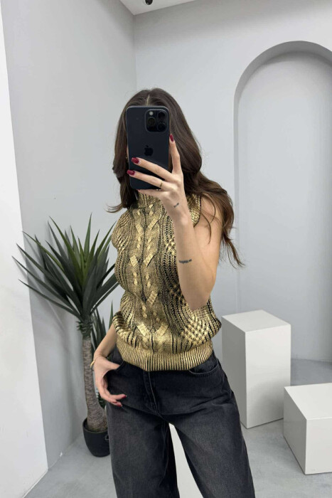 KNITTED SEMI NECK SHINY WOMEN TANK TOP GOLDEN ROD/GOLD 