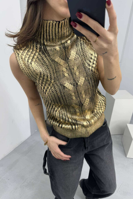 KNITTED SEMI NECK SHINY WOMEN TANK TOP GOLDEN ROD/GOLD - 2