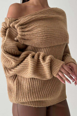 KNITTED SHOULDER OFF WOMEN SWEATER BEIGE/BEZHE 