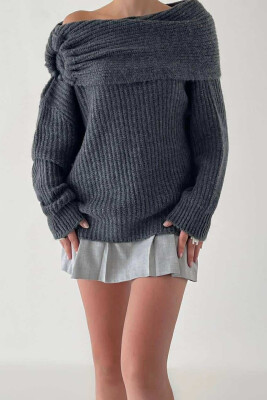 KNITTED SHOULDER OFF WOMEN SWEATER GREY/GRI 