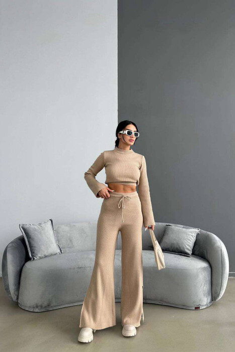 KNITTED SIMPLE ONE COLOR TWO PIECE SETS BEIGE/BEZHE - 1