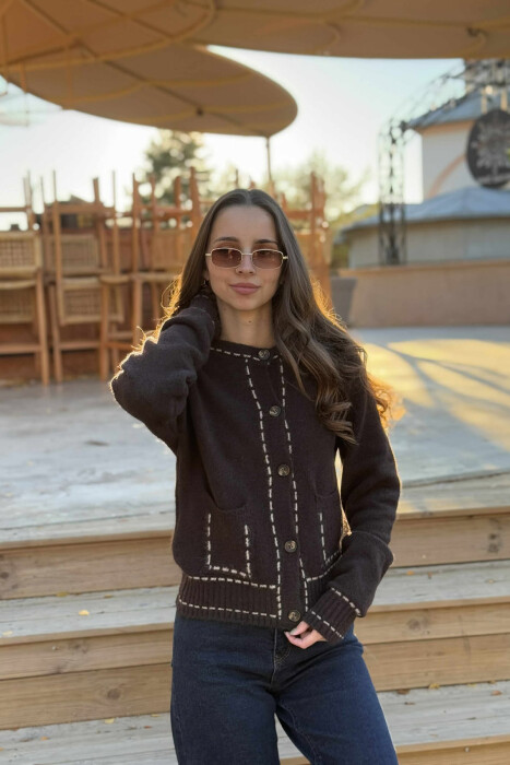 KNITTED SIMPLE WOMEN CARDIGAN DARK BROWN/KAE - KLAUDIO FASHION