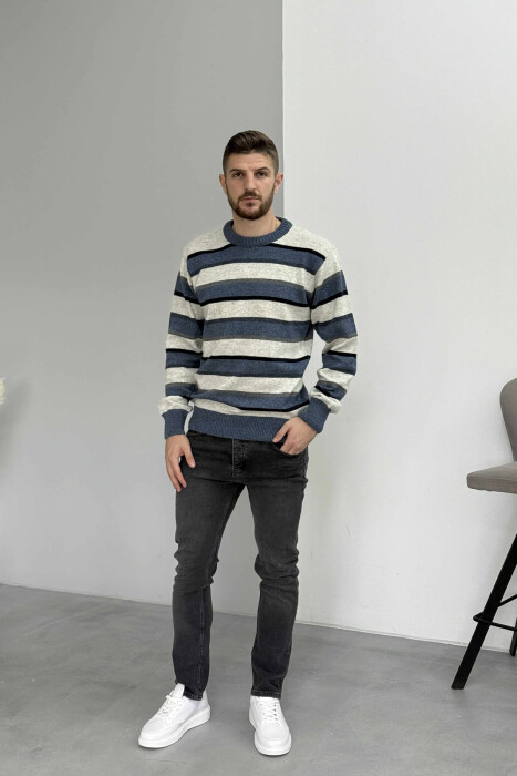 KNITTED STRIPE DESIGN MEN SWEATER BLUE/BLU - KLAUDIO FASHION