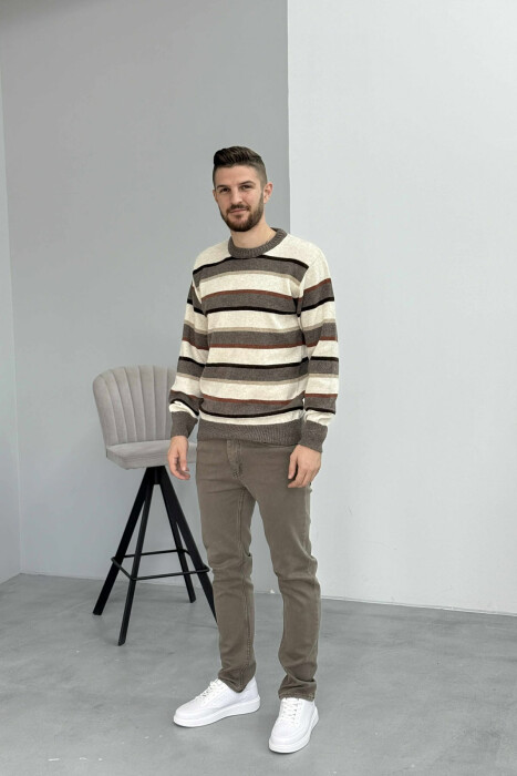 KNITTED STRIPE DESIGN MEN SWEATER BROWN/KAFE 