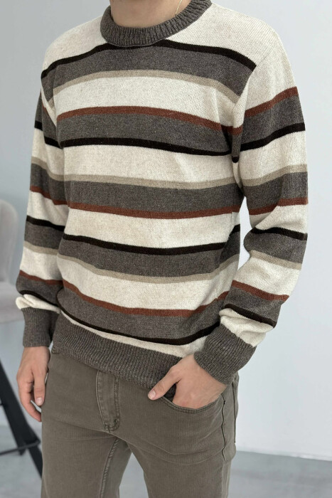 KNITTED STRIPE DESIGN MEN SWEATER BROWN/KAFE - KLAUDIO FASHION