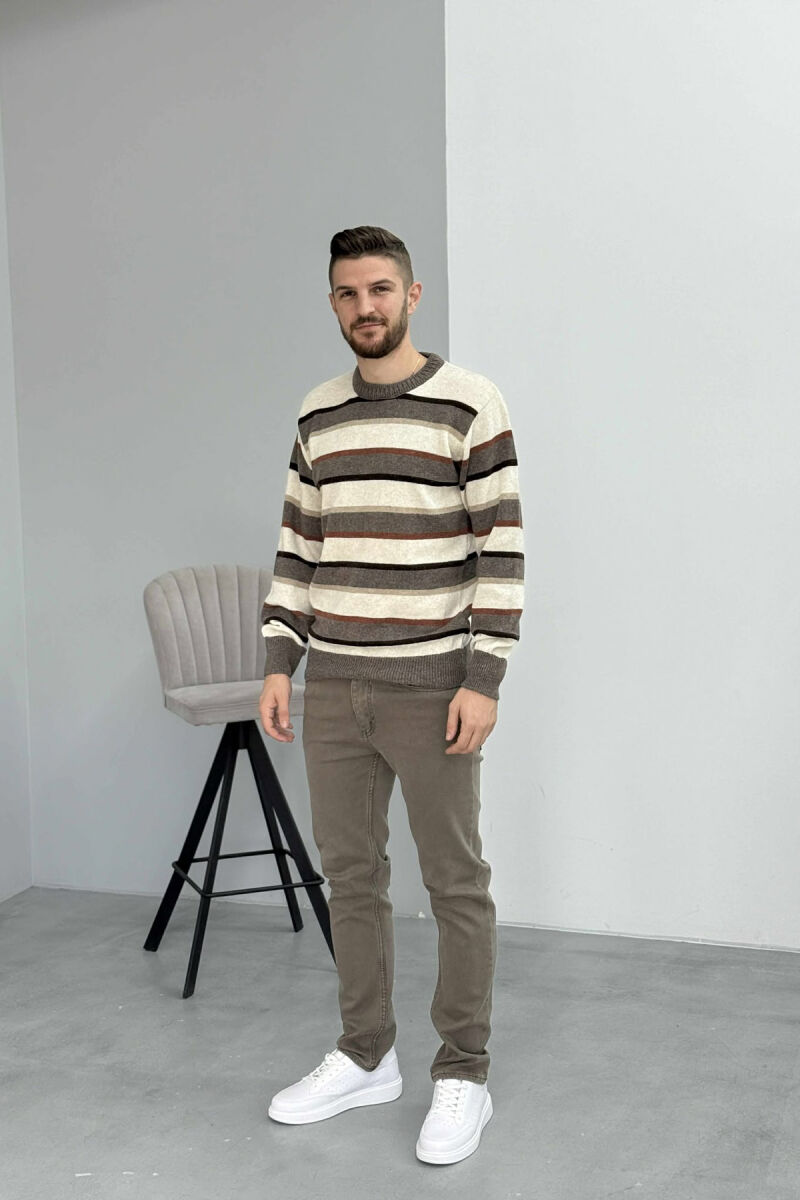 KNITTED STRIPE DESIGN MEN SWEATER BROWN/KAFE - 2