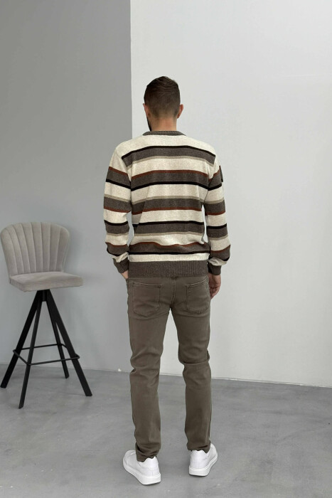 KNITTED STRIPE DESIGN MEN SWEATER BROWN/KAFE - 5