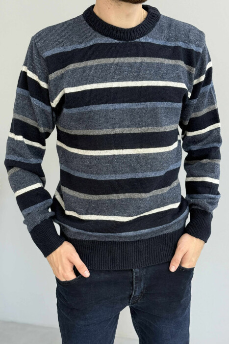KNITTED STRIPE DESIGN MEN SWEATER DARK BLUE/BEE - KLAUDIO FASHION