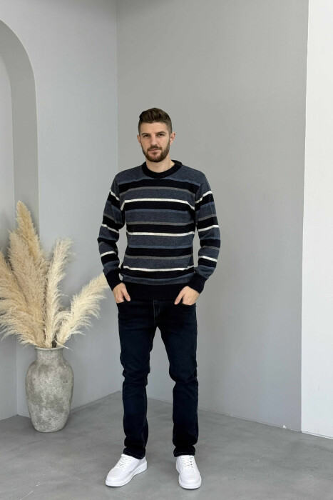 KNITTED STRIPE DESIGN MEN SWEATER DARK BLUE/BEE - 1