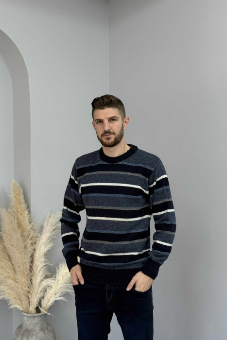 KNITTED STRIPE DESIGN MEN SWEATER DARK BLUE/BEE - 3