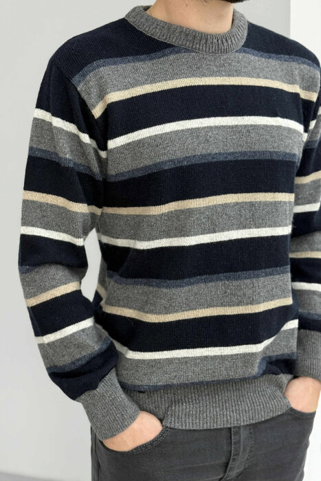 KNITTED STRIPE DESIGN MEN SWEATER GREY/GRI - KLAUDIO FASHION