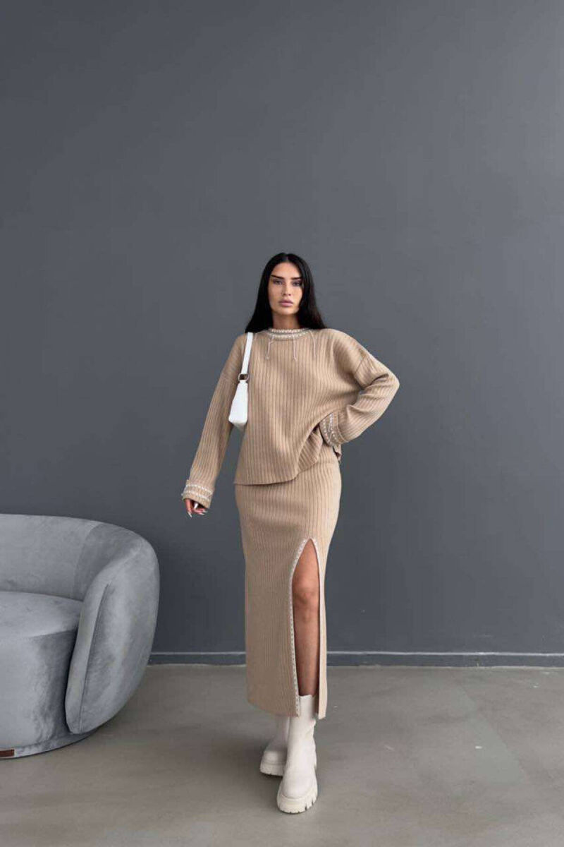 KNITTED SWEATER + SKIRT WOMAN SET BEIGE/BEZHE - 1