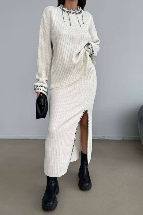 KNITTED SWEATER + SKIRT WOMAN SET CREAM/KREM 
