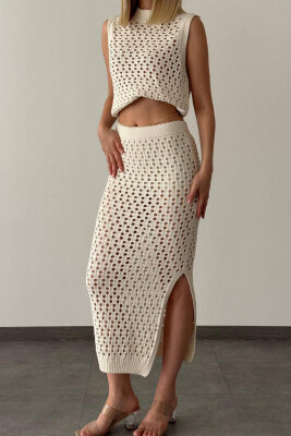 KNITTED TANK + SKIRT WOMEN SET CREAM/KREM 