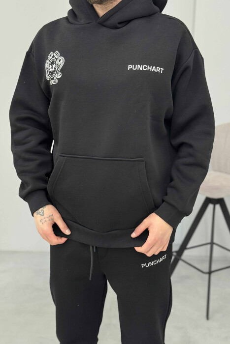 KOSTUM ME DIZJAN HOODIE+TUTA PËR MESHKUJ NË NGJYRË TË ZEZË - 2