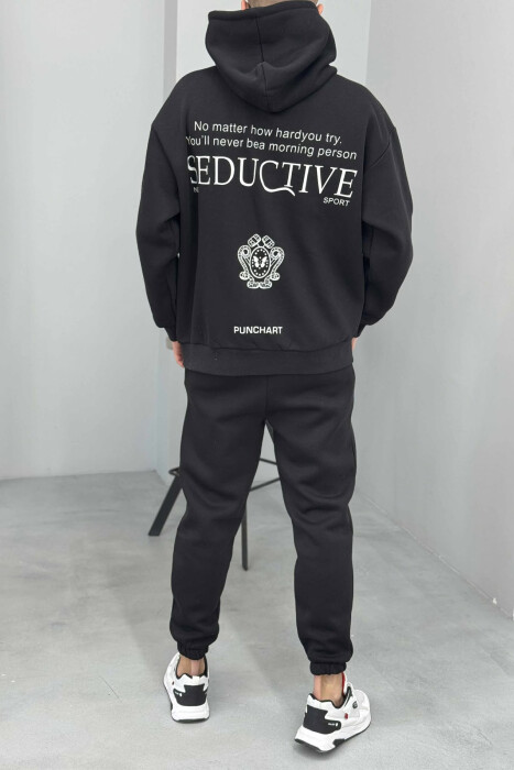 KOSTUM ME DIZJAN HOODIE+TUTA PËR MESHKUJ NË NGJYRË TË ZEZË - 3