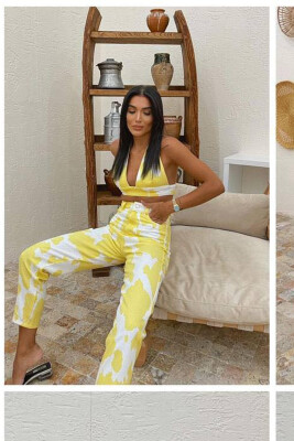 KOSTUM ME PANTALLONA DHE CROP PËR FEMRA NË NGJYRËN E VERDHË - KLAUDIO FASHION