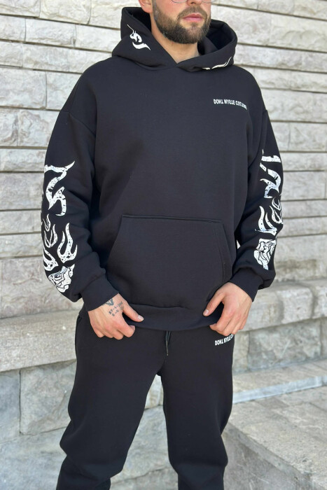 KOSTUM ME PUSH HOODIE+TUTA ME DIZAJN TË THJESHTË PËR MESHKUJ NË NGJYRË TË ZEZË - 2