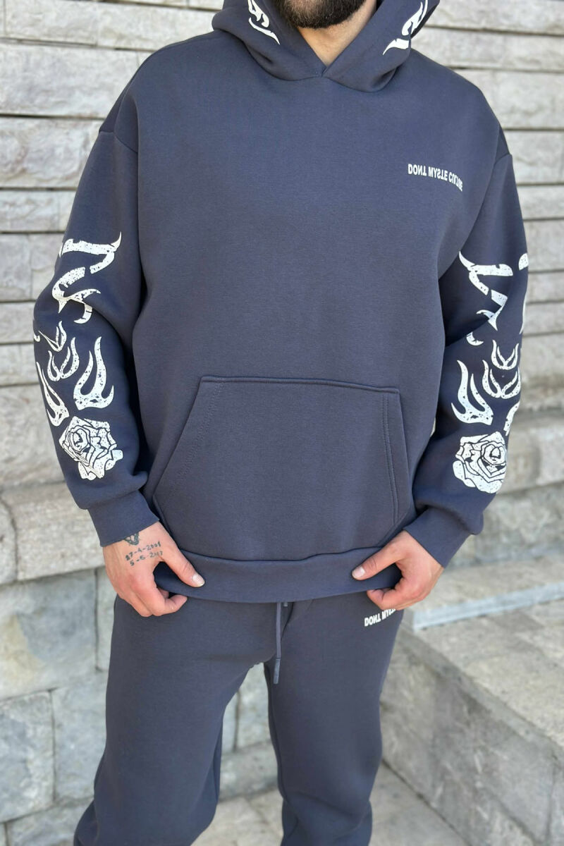 KOSTUM ME PUSH HOODIE+TUTA ME DIZAJN TË THJESHTË PËR MESHKUJ NË NGJYRËN GRI E ERRËT - 2