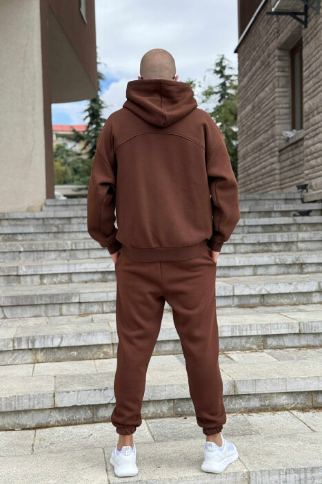 KOSTUM NJË NGJYRËSH ME PUSH HOODIE+TUTA PËR MESHKUJ NË NGJYRË KAFE - 4