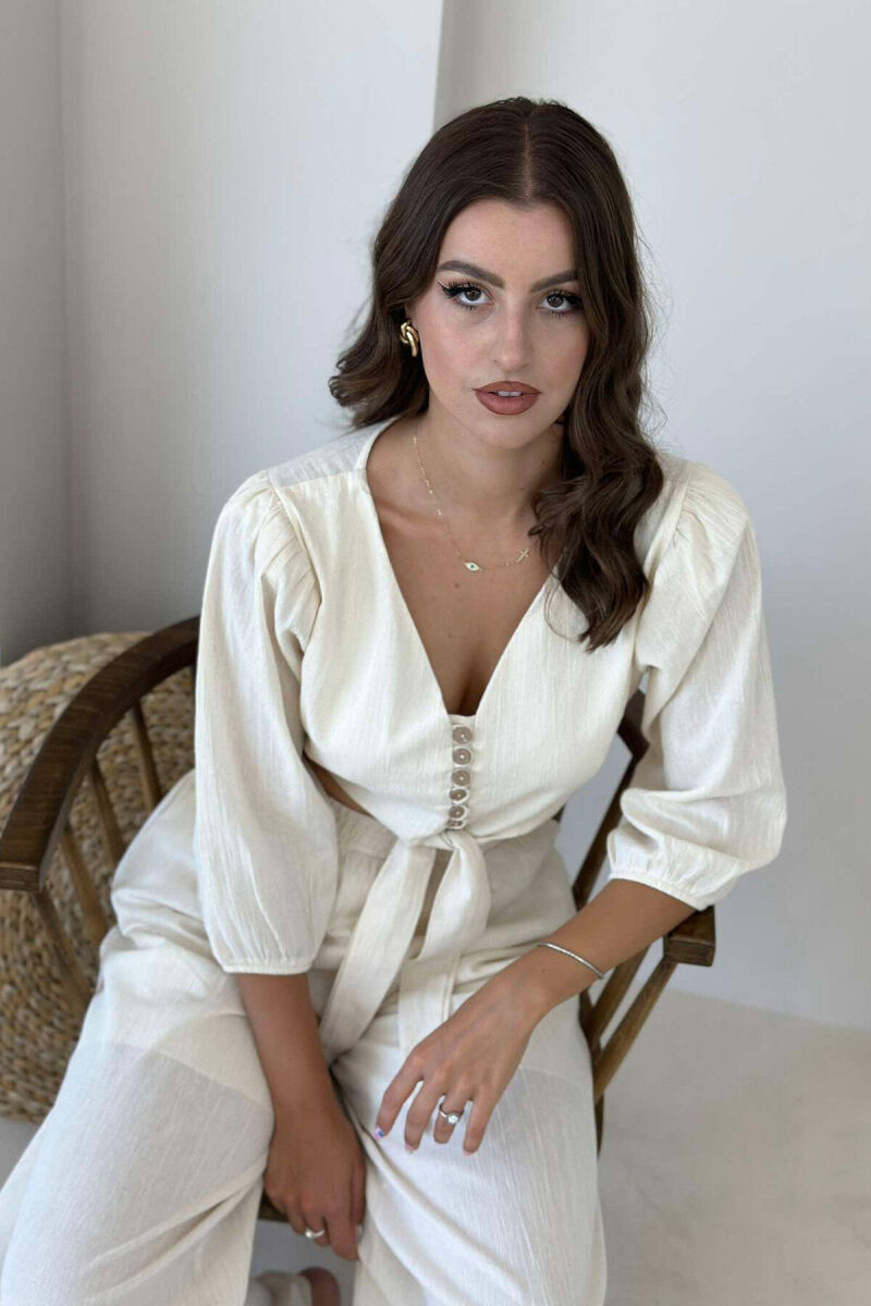 KOSTUM PËR FEMRA CROP DHE PANTALLONA NË NGJYRË KREM - 4