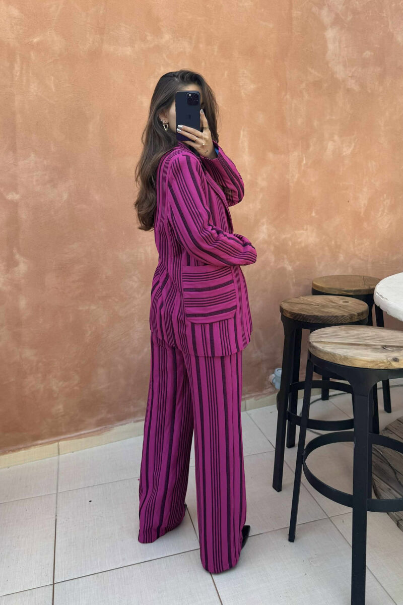 KOSTUM XHAKETË+PANTALLONA ME DIZAJN ME VIJA PËR FEMRA NË NGJYRË CIKLAMI - 4