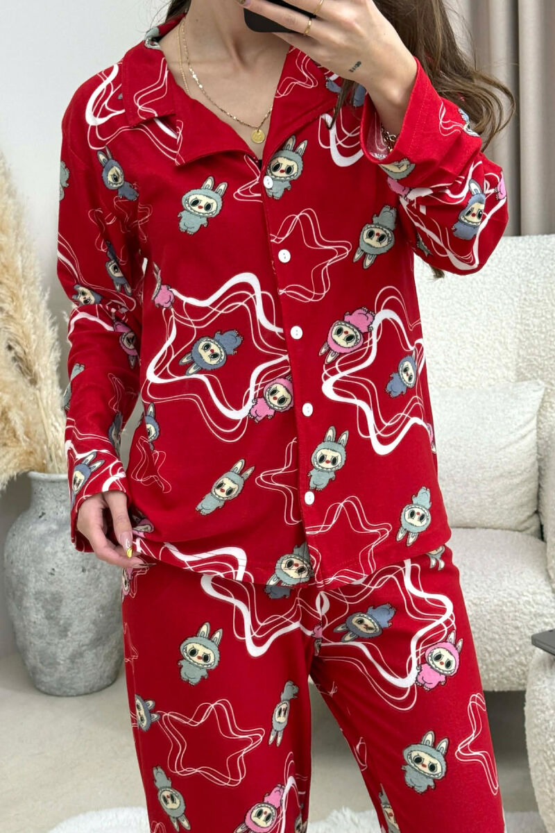 LABUBU DESIGN SHIRT+TROUSERS WOMEN PYJAMAS RED/E KUQE - 3