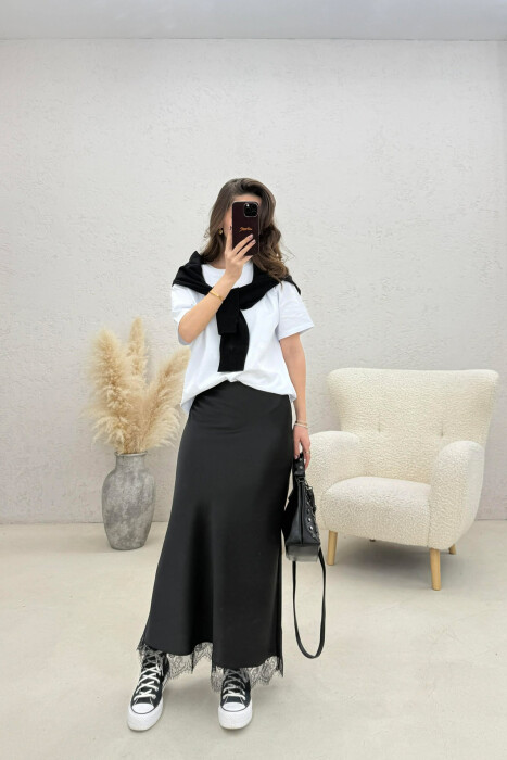 LACE DETAIL LONG SATIN WOMEN SKIRT BLACK/ E ZEZE - KLAUDIO FASHION
