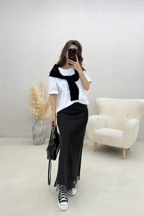 LACE DETAIL LONG SATIN WOMEN SKIRT BLACK/ E ZEZE - 2