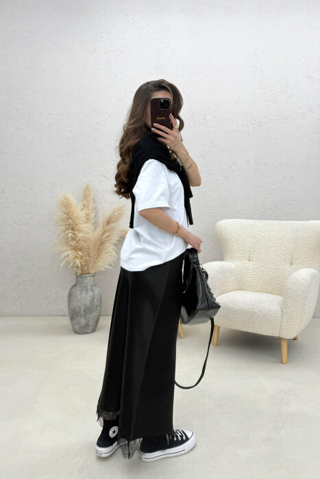 LACE DETAIL LONG SATIN WOMEN SKIRT BLACK/ E ZEZE - 3