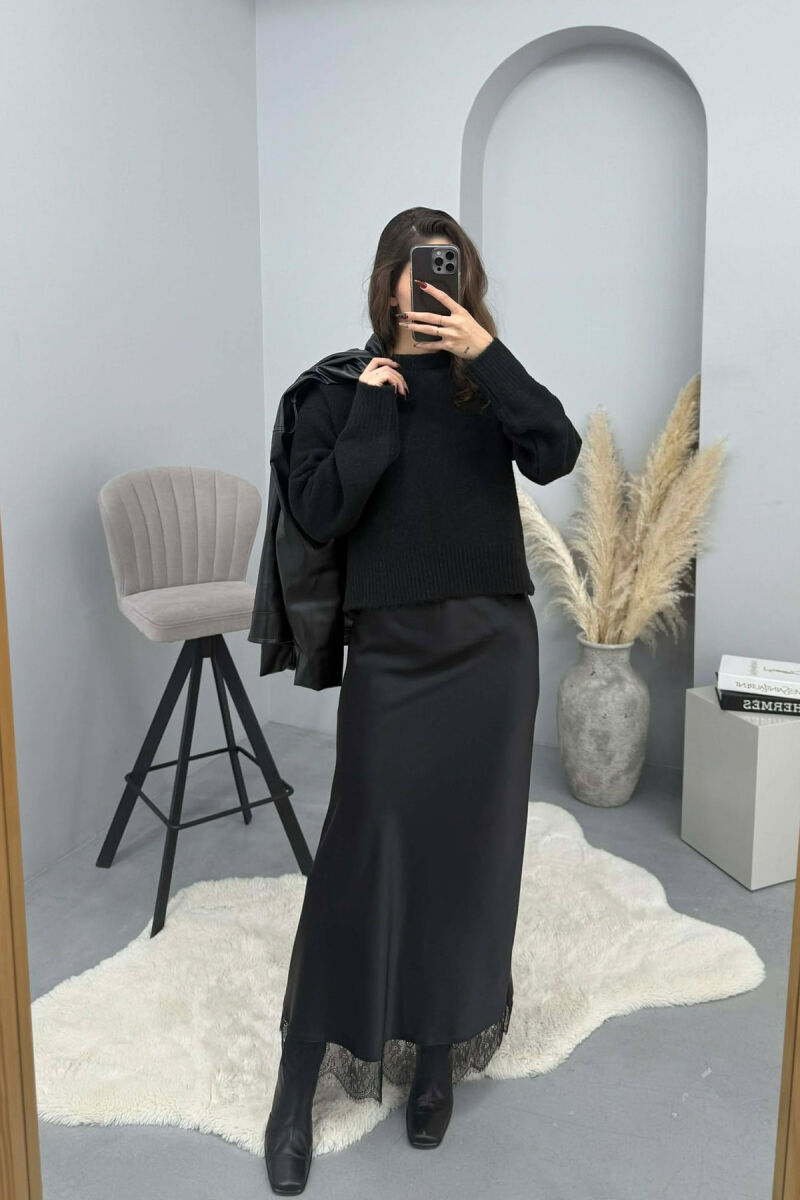 LACE DETAIL LONG SATIN WOMEN SKIRT BLACK/ E ZEZE - 2