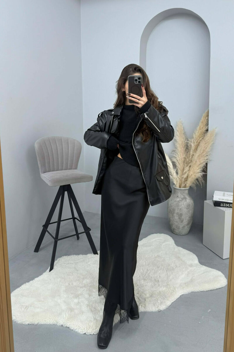 LACE DETAIL LONG SATIN WOMEN SKIRT BLACK/ E ZEZE - 1