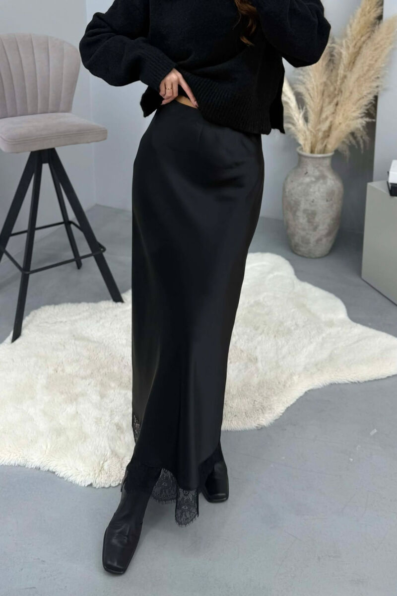 LACE DETAIL LONG SATIN WOMEN SKIRT BLACK/ E ZEZE - 3