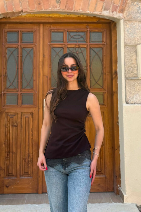 LACE DETAIL ONE COLOR WOMAN TANK TOP DARK BROWN/KAE - KLAUDIO FASHION