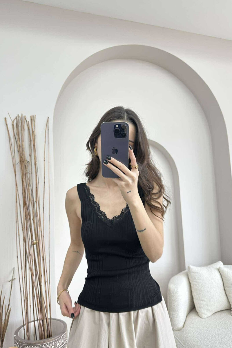 LACE DETAIL ONE COLOR WOMEN TANK TOP BLACK/ E ZEZE - 3