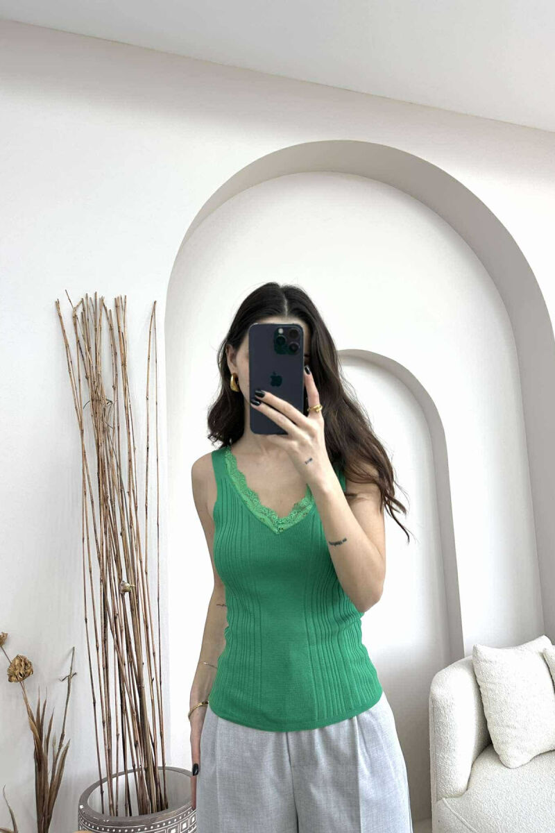 LACE DETAIL ONE COLOR WOMEN TANK TOP GREEN/JESHILE - 4