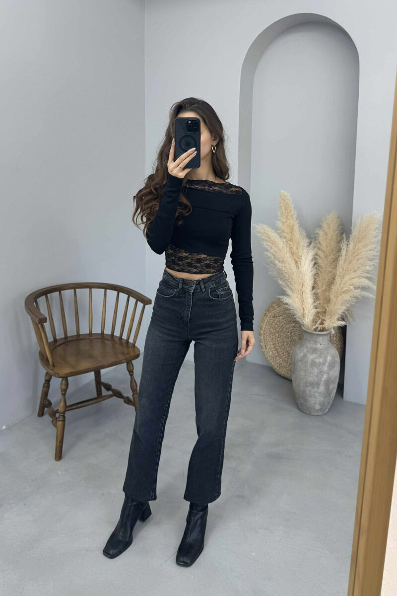 LACE DETAILS ONE COLOR WOMEN SWEATSHIRT BLACK/ E ZEZE - 1