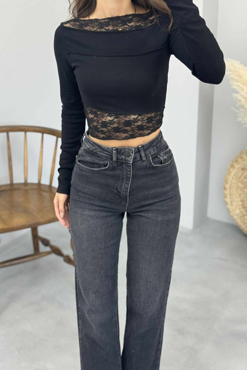 LACE DETAILS ONE COLOR WOMEN SWEATSHIRT BLACK/ E ZEZE - 4