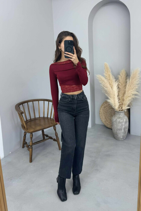 LACE DETAILS ONE COLOR WOMEN SWEATSHIRT BURGUNDY/VISHNJE 