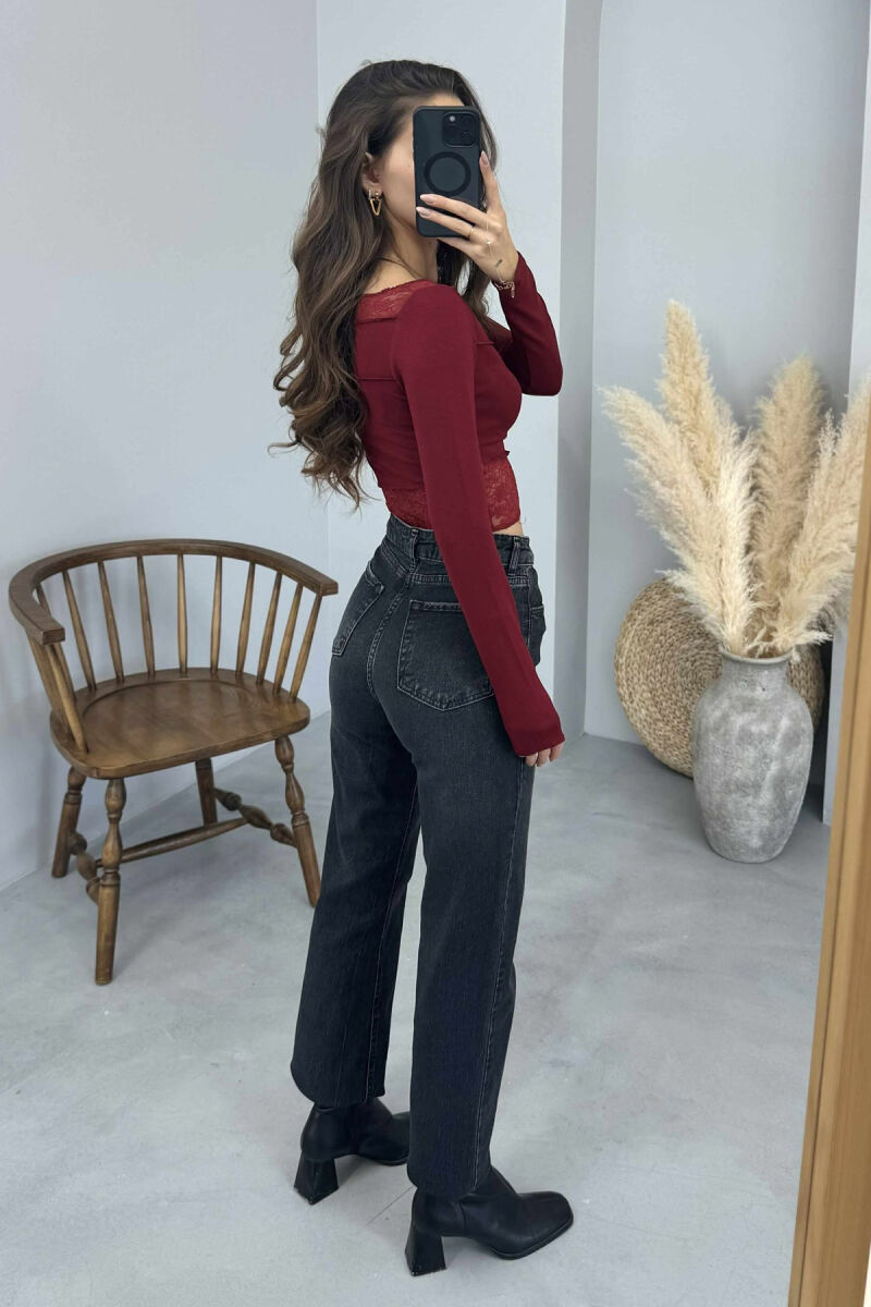 LACE DETAILS ONE COLOR WOMEN SWEATSHIRT BURGUNDY/VISHNJE - 2