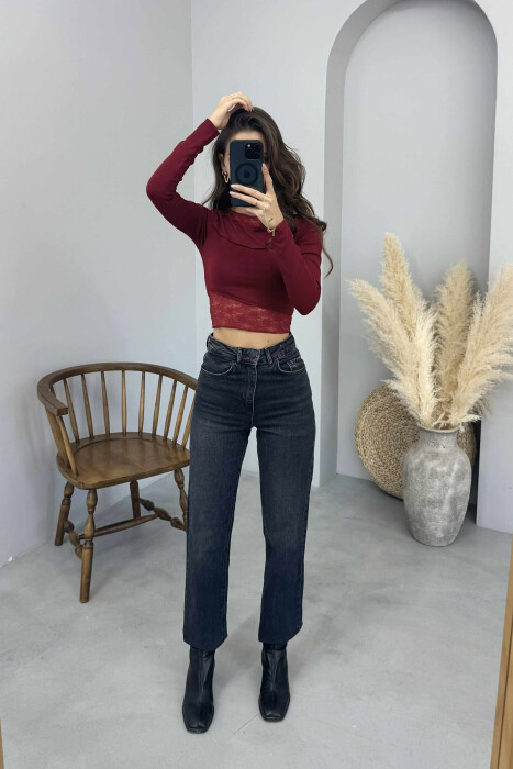 LACE DETAILS ONE COLOR WOMEN SWEATSHIRT BURGUNDY/VISHNJE - 3