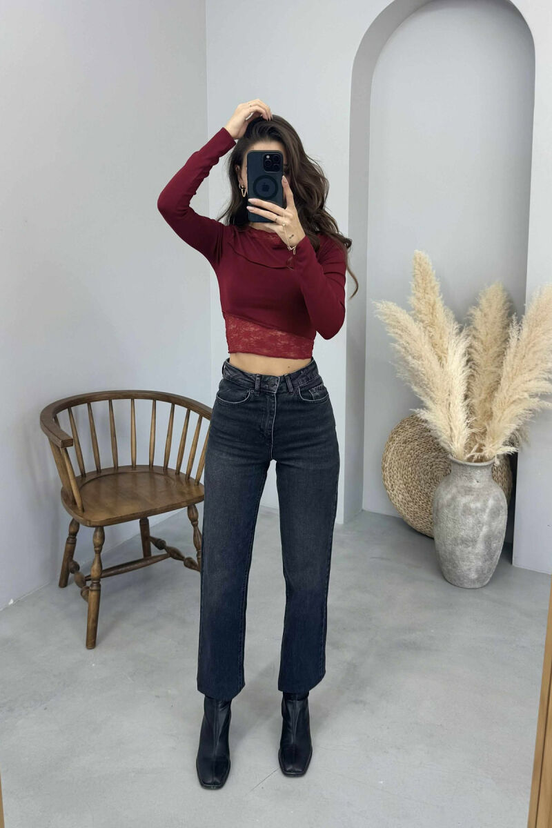 LACE DETAILS ONE COLOR WOMEN SWEATSHIRT BURGUNDY/VISHNJE - 3