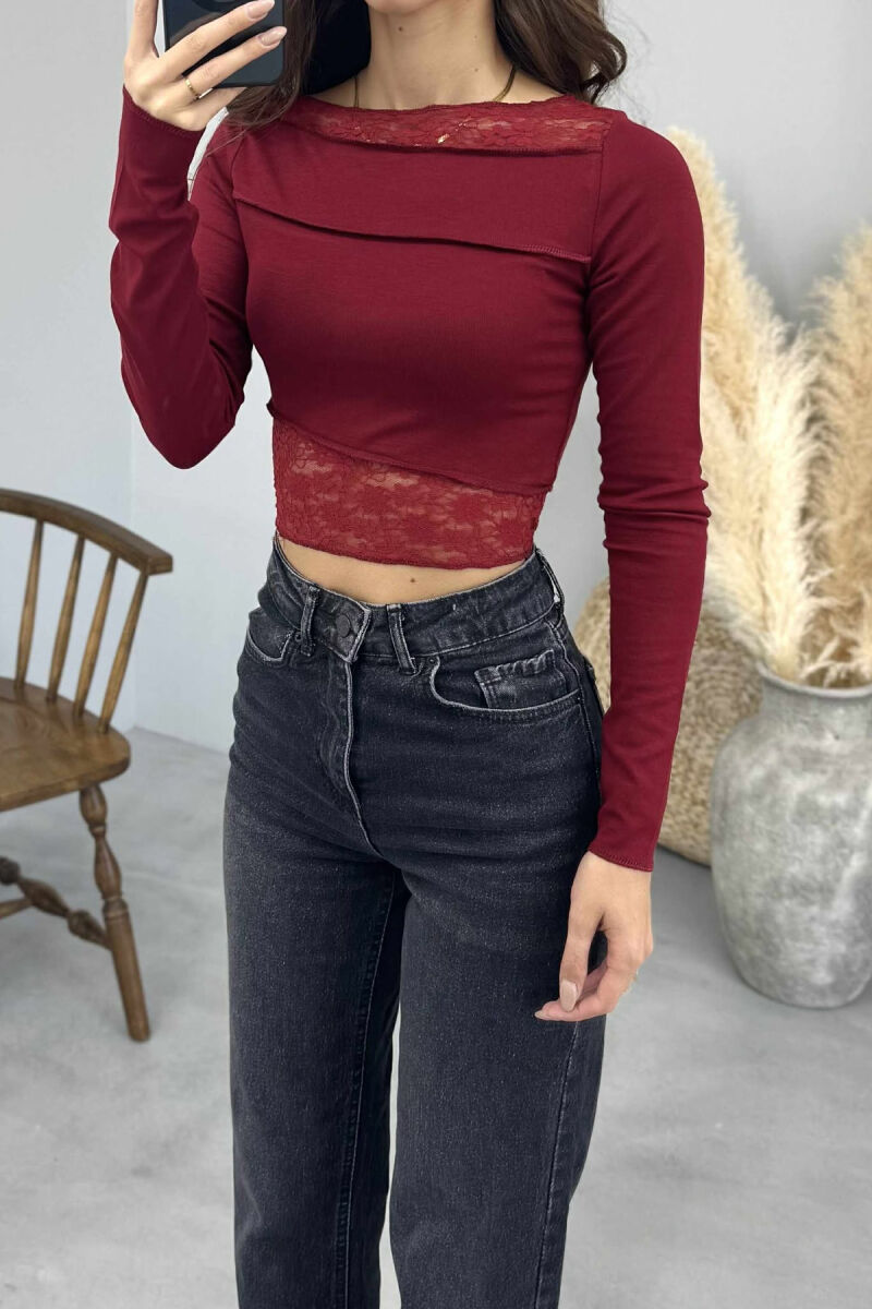 LACE DETAILS ONE COLOR WOMEN SWEATSHIRT BURGUNDY/VISHNJE - 4