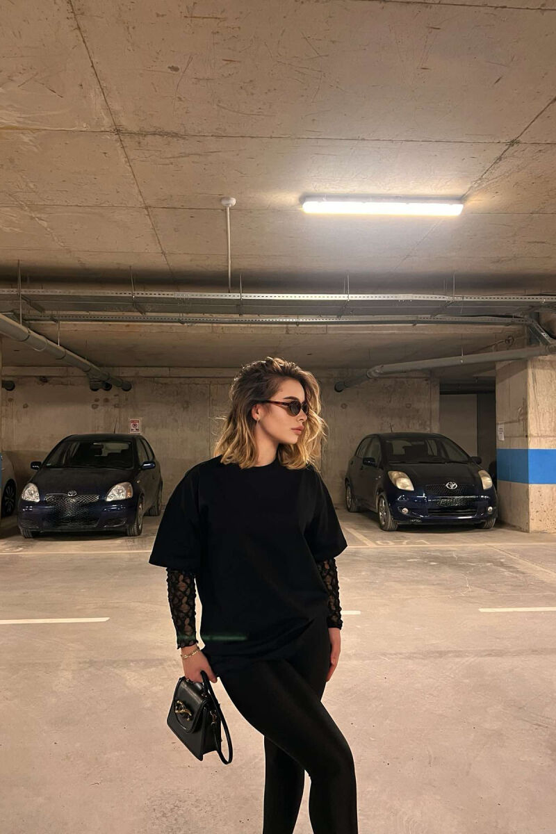 LACE SLEEVE COTTON WOMEN SWEATSHIRT BLACK/ E ZEZE - 4