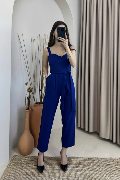 LACING BELT DETAIL ONE COLOR WOMEN JUMPSUIT DARK BLUE/BEE 