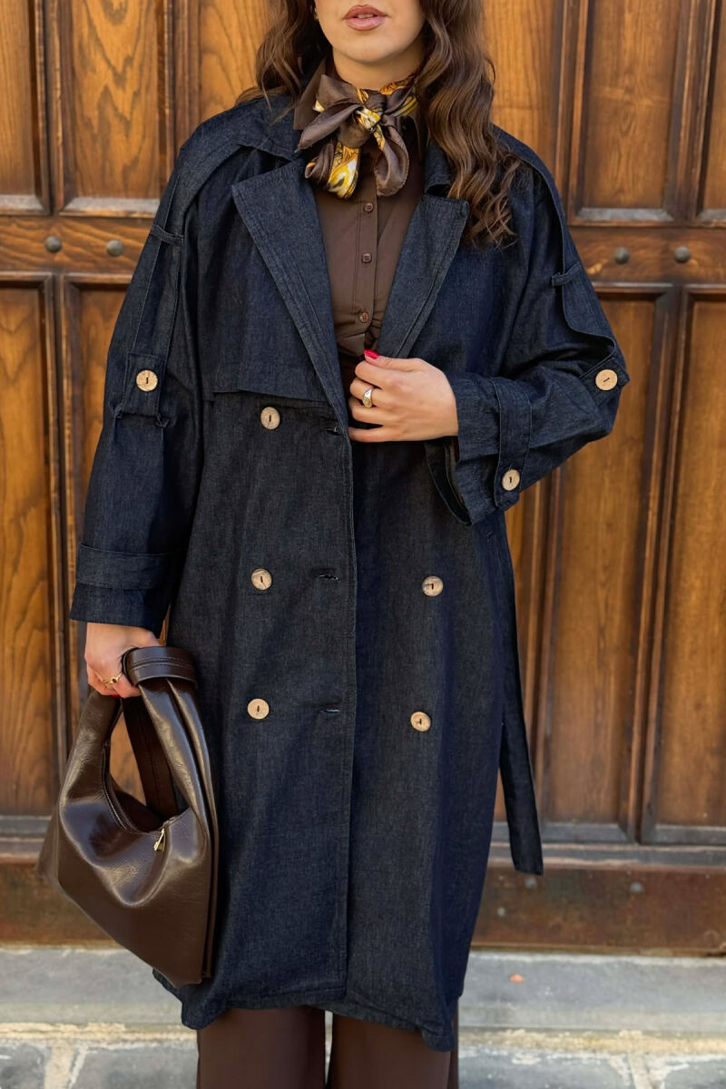 LACING DETAIL BUTTONED DENIM WOMAN JACKET BLUE/BLU - 3