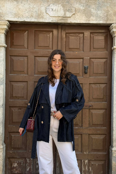 LACING DETAIL BUTTONS DENIM WOMAN JACKET BLUE/BLU - KLAUDIO FASHION