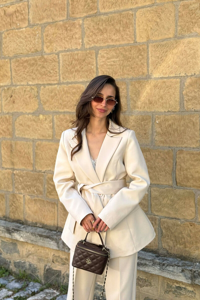 LACING DETAIL CLASSIC JACKET + TROUSERS WOMAN SET CREAM/KREM - 3